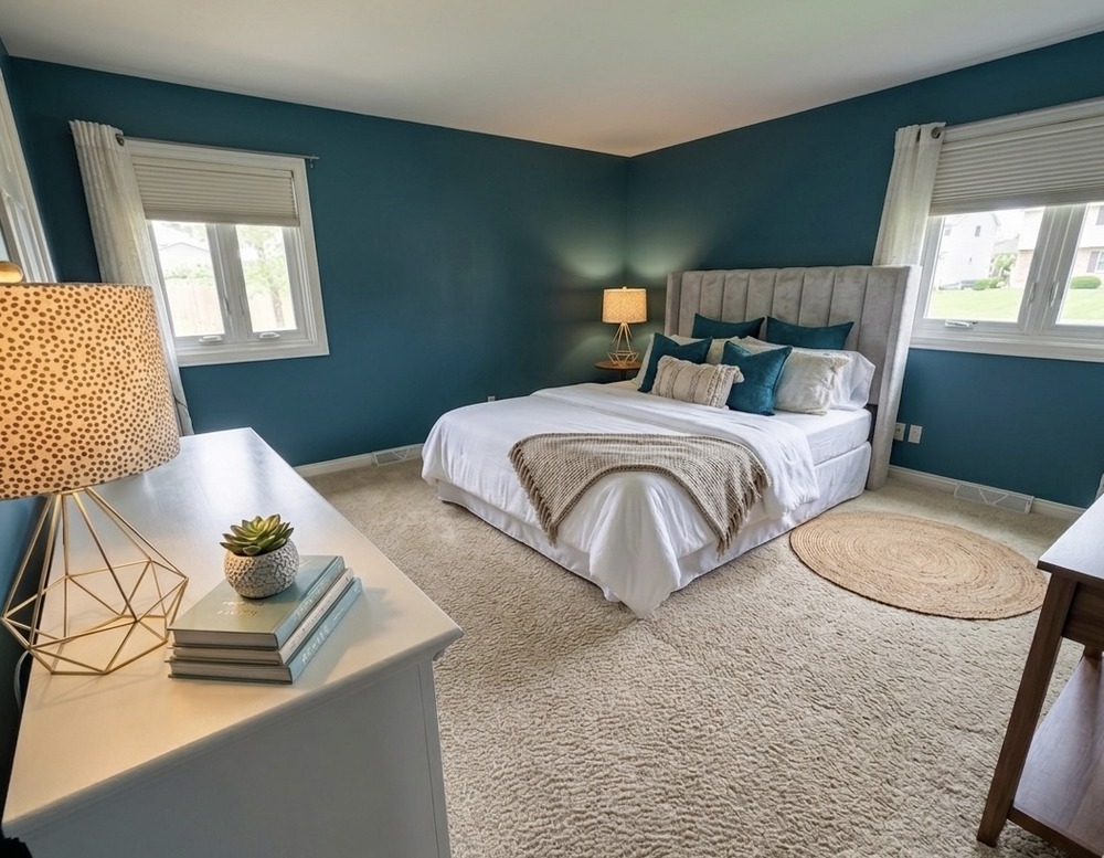 First-floor primary bedroom with mid-century modern character